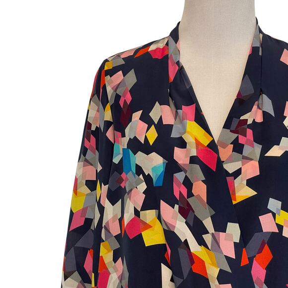Trina Turk Silk Faux Wrap Top Womens Medium Multicolor Geometric Print Blouse - Picture 2 of 7